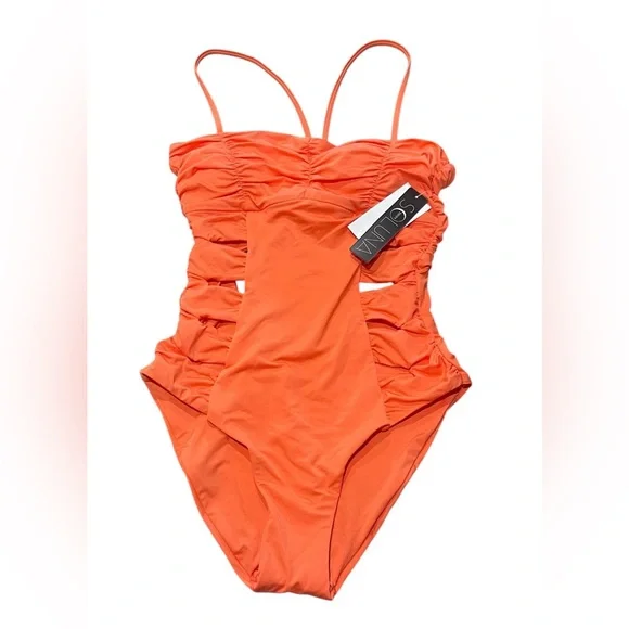 🌴Soluna Women Orange/Peach Shirred Side Adjustable Strap One Piece Swimwear Sz S